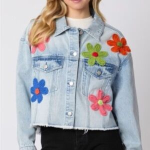 Peach Love California Floral Embroidered Jean Jacket - Light Blue